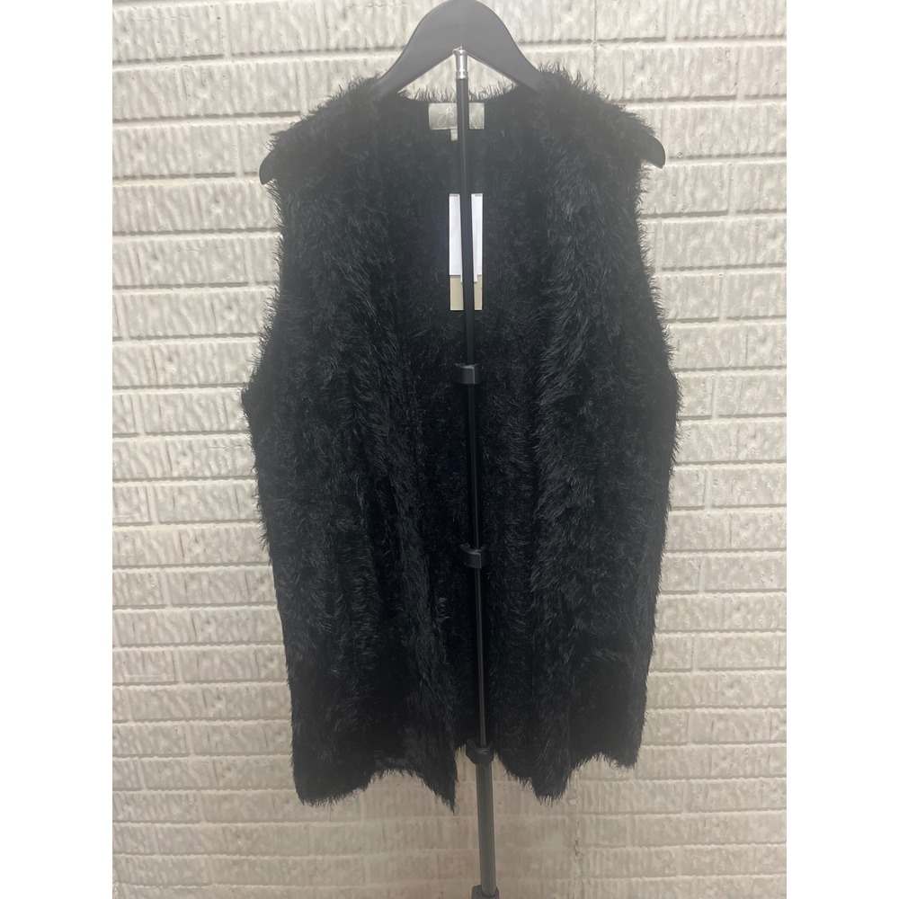 Joan Vass New York Woman Black Shaggy Faux Fur Eyelash Knit Vest Plus Size 1X NW
